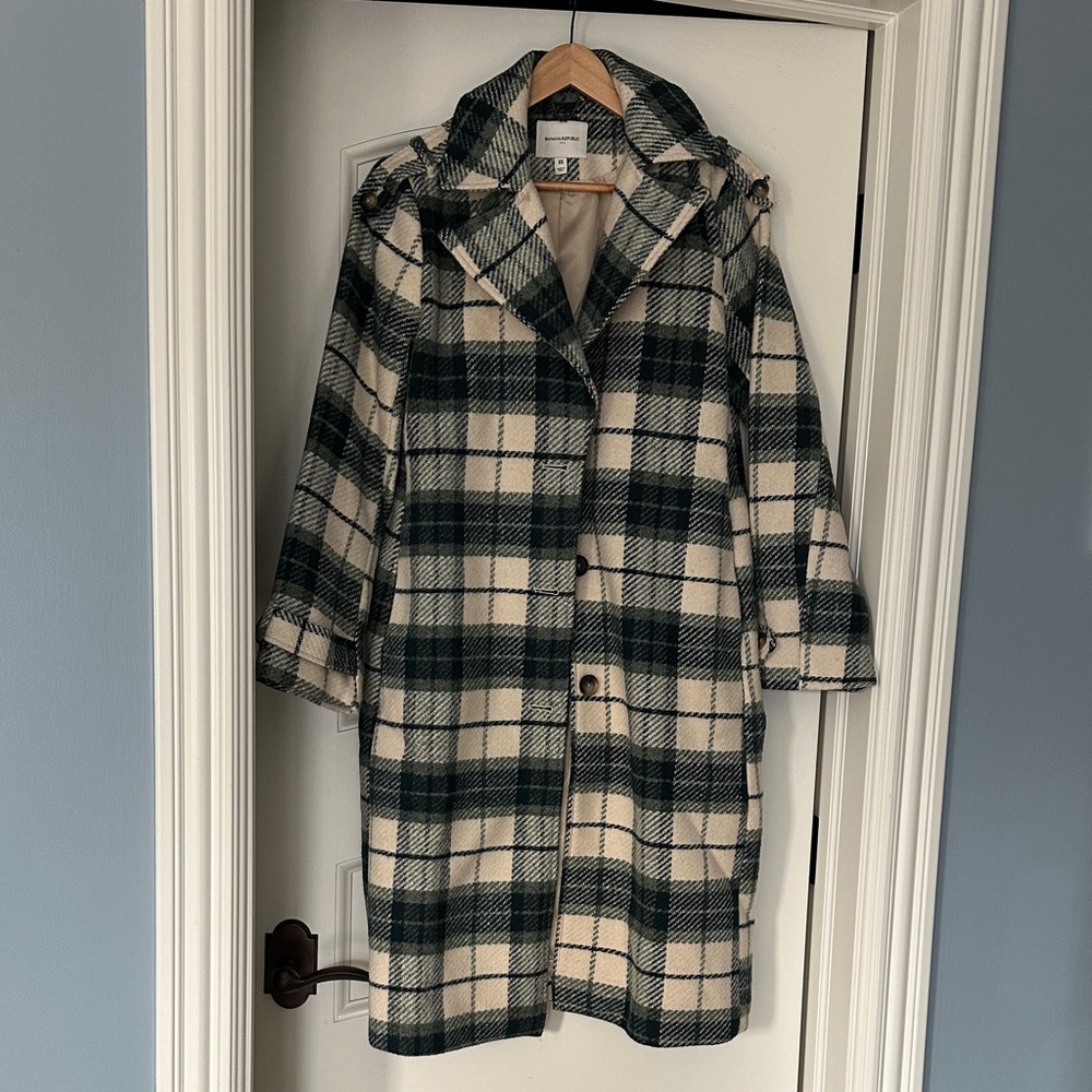 Banana Republic Plaid wool Trench Coat - Green and Cream